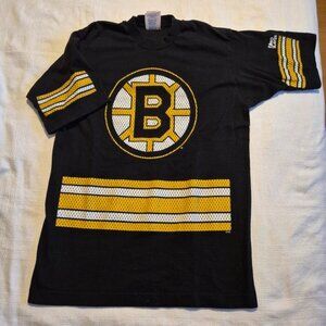 Boston Bruins boys size 18/20 black short sleeve shirt printed logo VGUC